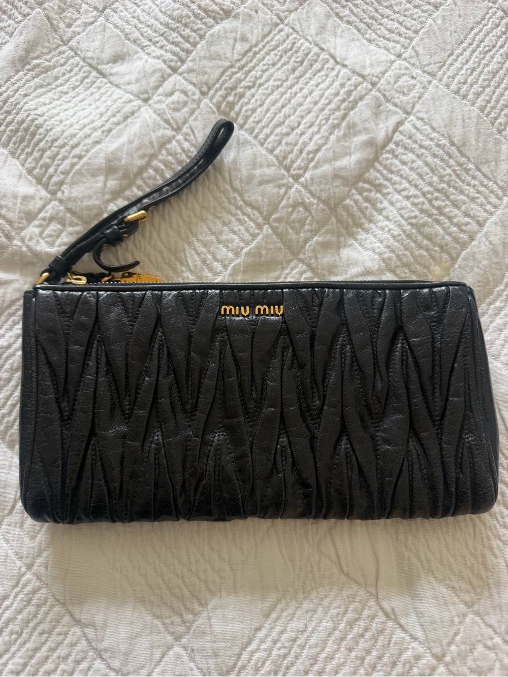 Miu Miu Black matelasse Leather Wristlet Clutch with Gold Logo